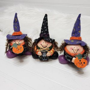 3 Vintage Halloween Witches 2000 Joelson Decoration Holding Pumpkins & Cat